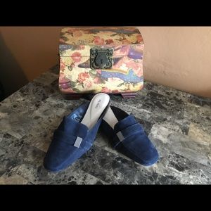 New, blue low heal mule.